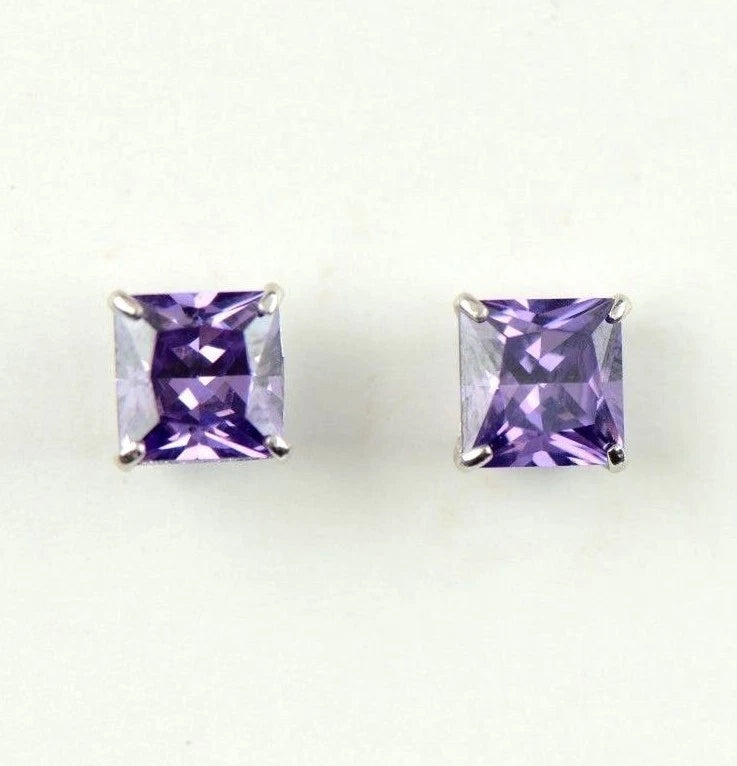 14k White Gold Solid Square Princess Cut Birthstone 6MM CZ Stud Earrings