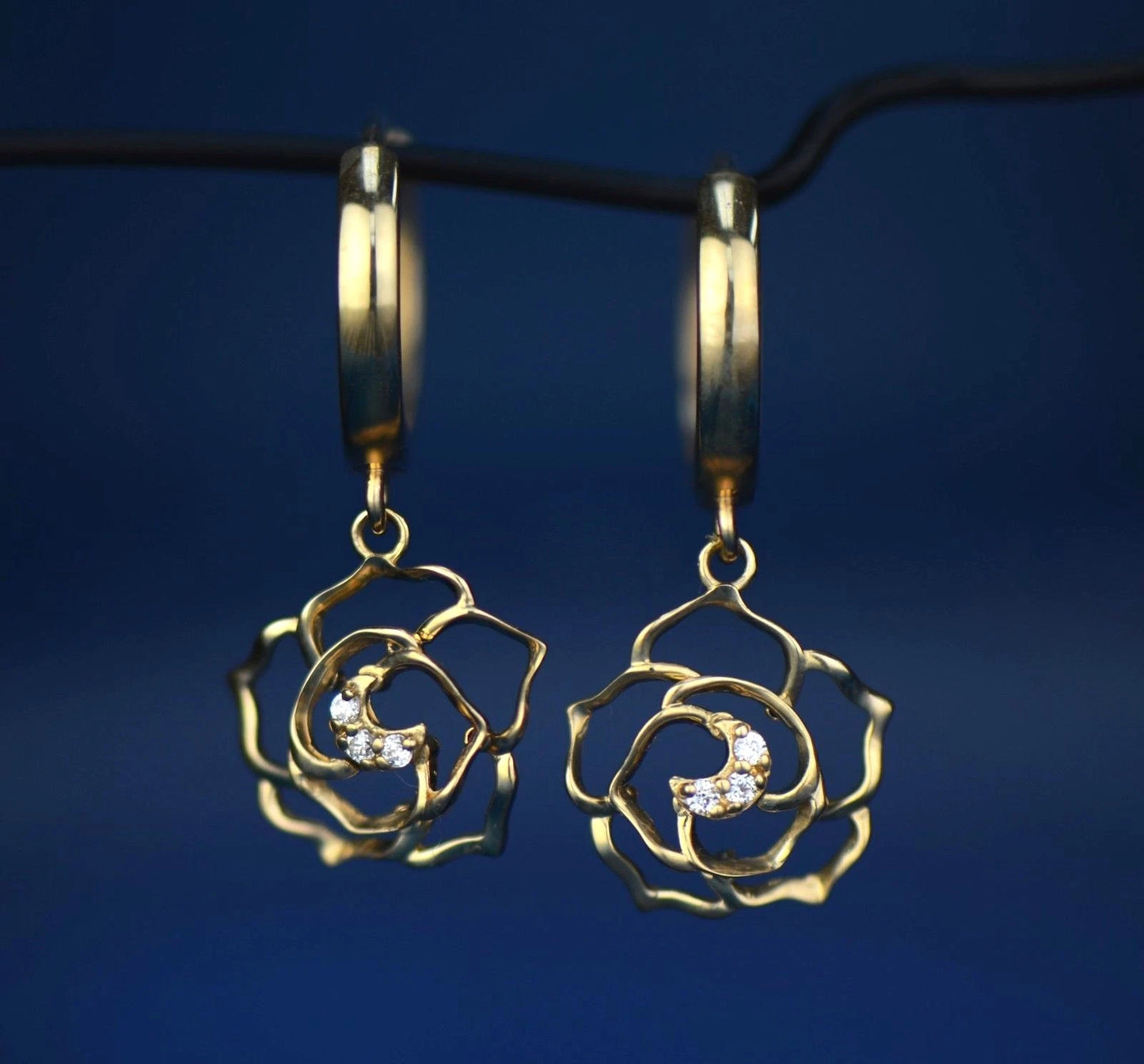 14k Yellow / White Gold Dangle CZ Flower Huggie 3 Stones Earrings