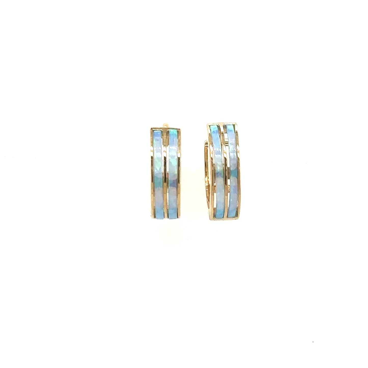 14k Yellow Gold Double Row Light Blue Opal Huggie Hoop Earrings