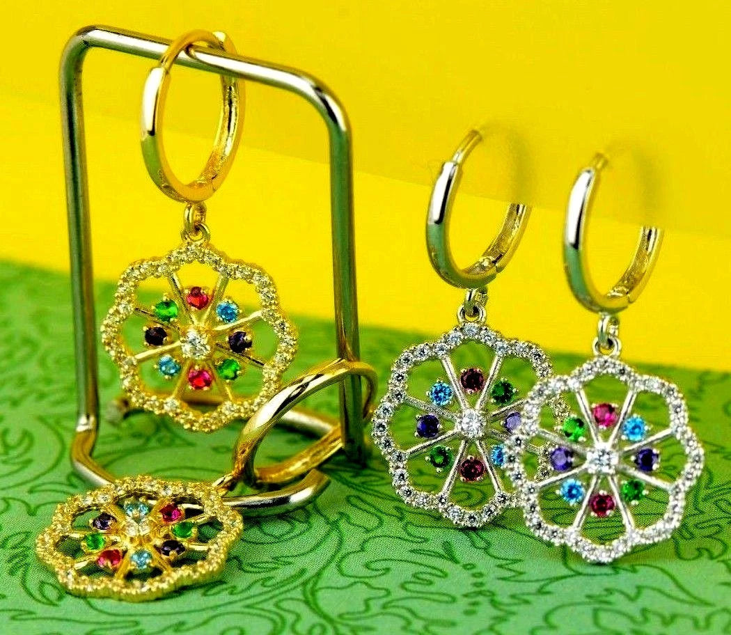 14k Yellow White Gold Dangle CZ Flower Huggie Earrings
