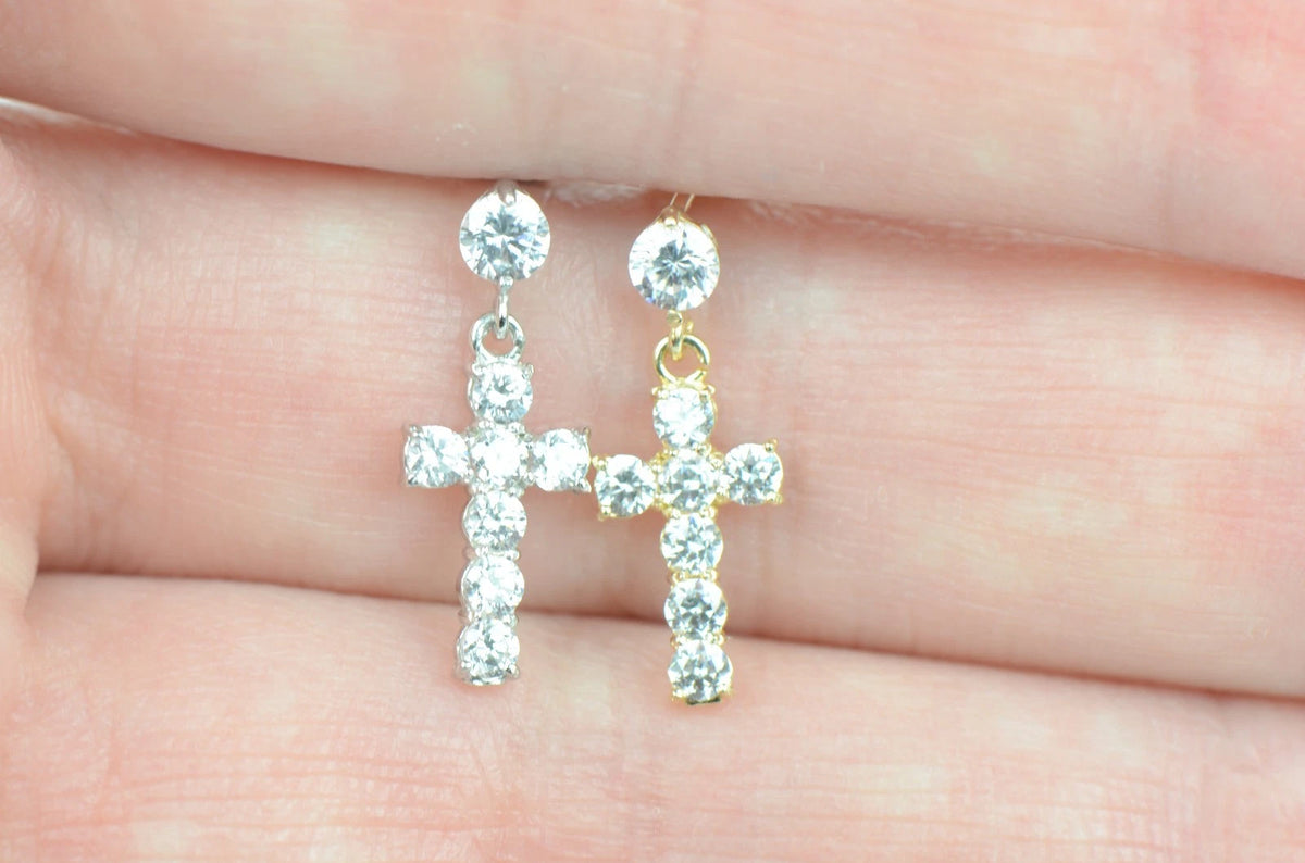 14K Yellow or White Gold Cubic Zirconia CZ Cross Dangle Earrings