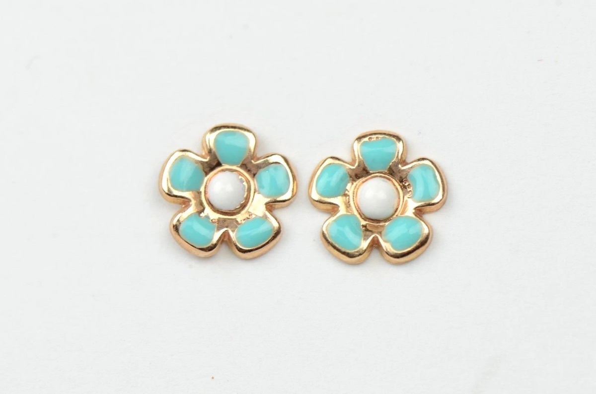 14k Yellow Gold Baby Enamel Flower Earrings, Screw Back