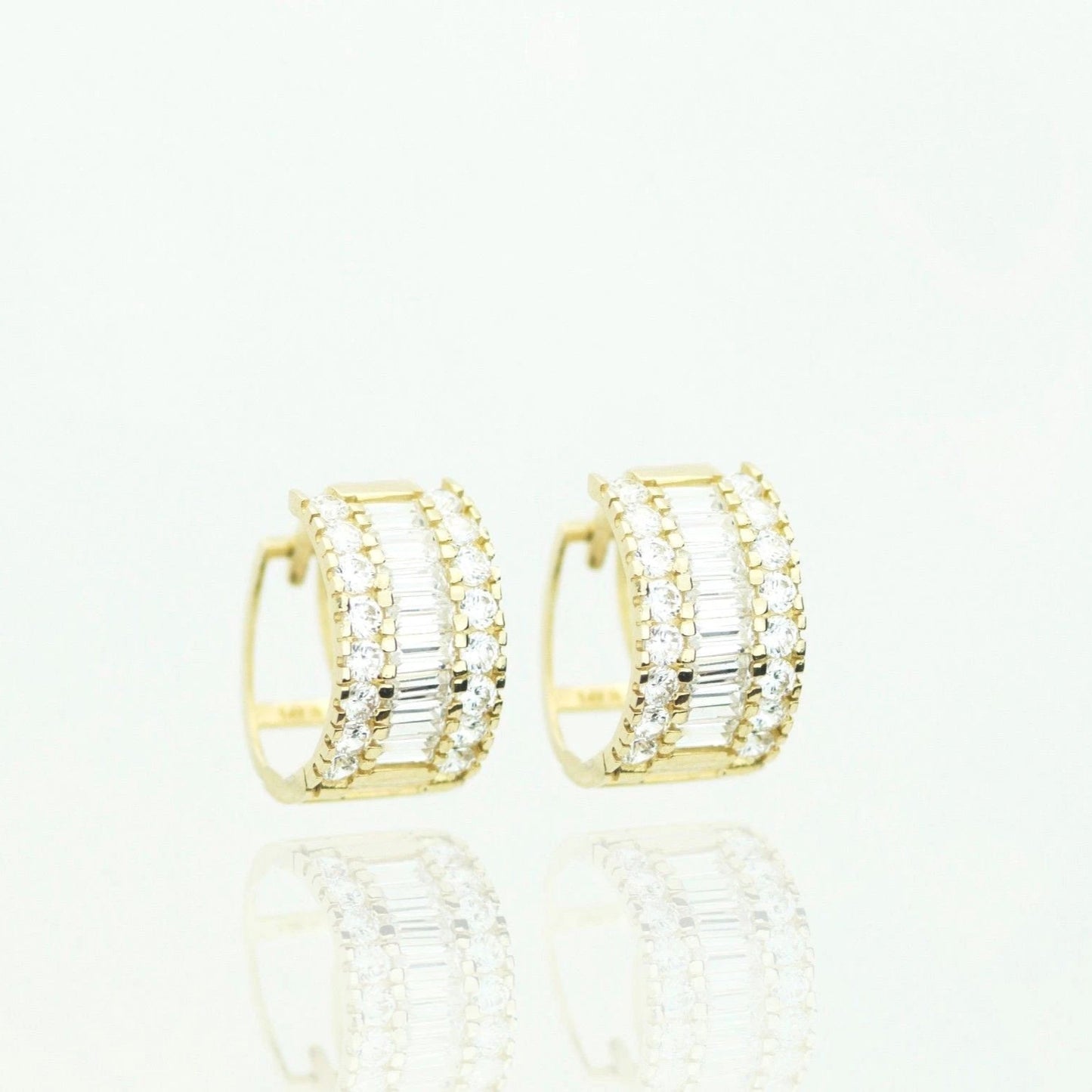 14k Yellow and White Gold Baguette Huggie Hoop Earrings
