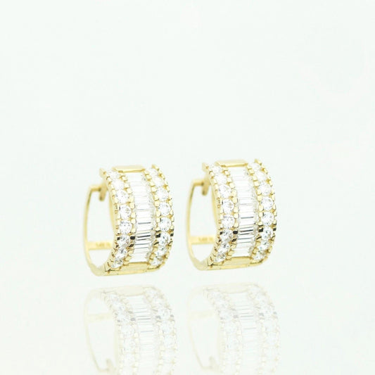 14k Yellow and White Gold Baguette Huggie Hoop Earrings