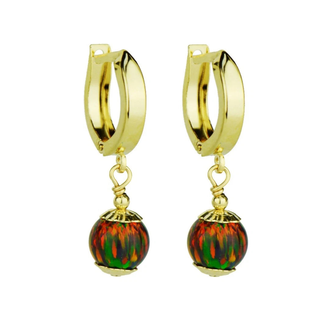 14k Yellow Gold Opal Huggie Snap Closure Dangle Earrings