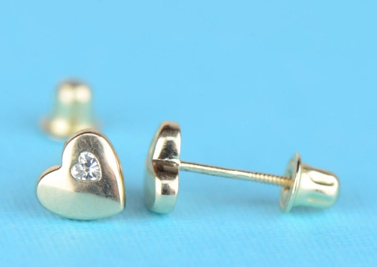 14K White or Yellow Gold Heart One Side Stone Shape CZ Stud Earrings