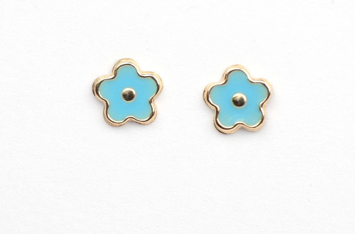 14k Yellow Gold Enamel Flower Baby earrings with Screw Back