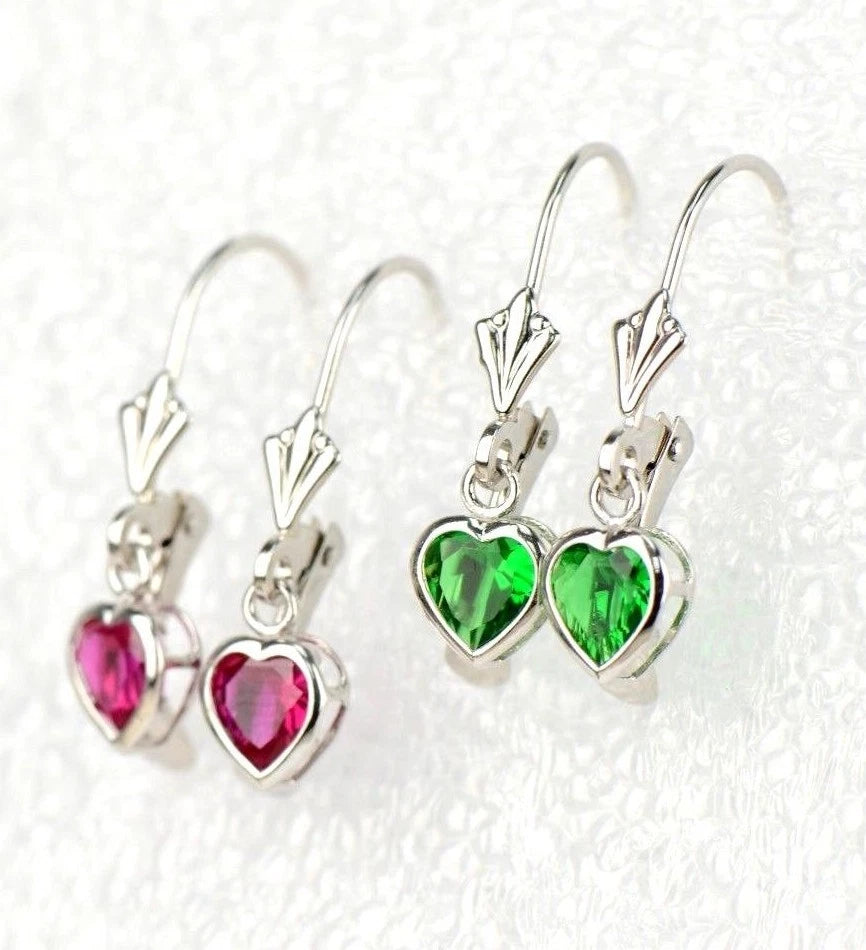 14k White Gold Dangle Bezel Heart CZ Leverback Pierced Earrings Birthstone 5x5MM