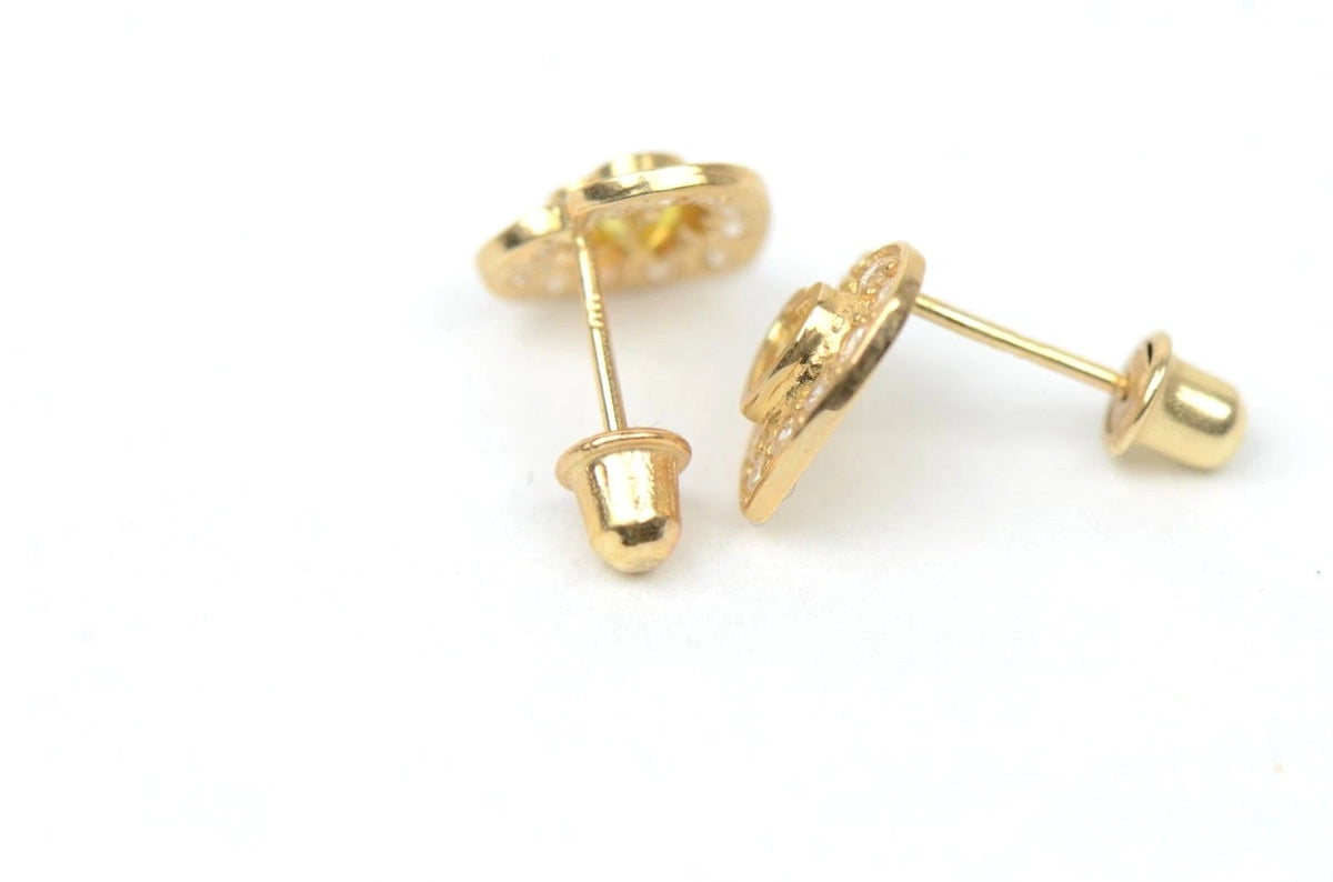 14K Yellow Gold Birthstone Heart with CZ Stud Earrings Screw Back