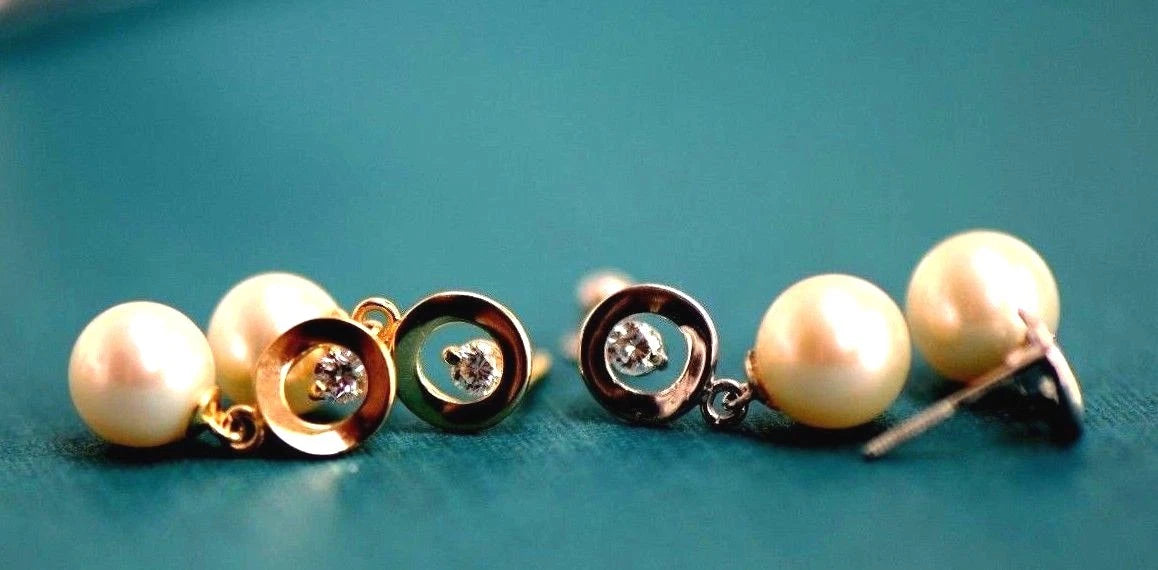 14K Yellow and White Gold Genuine Pearl CZ Stud Earring