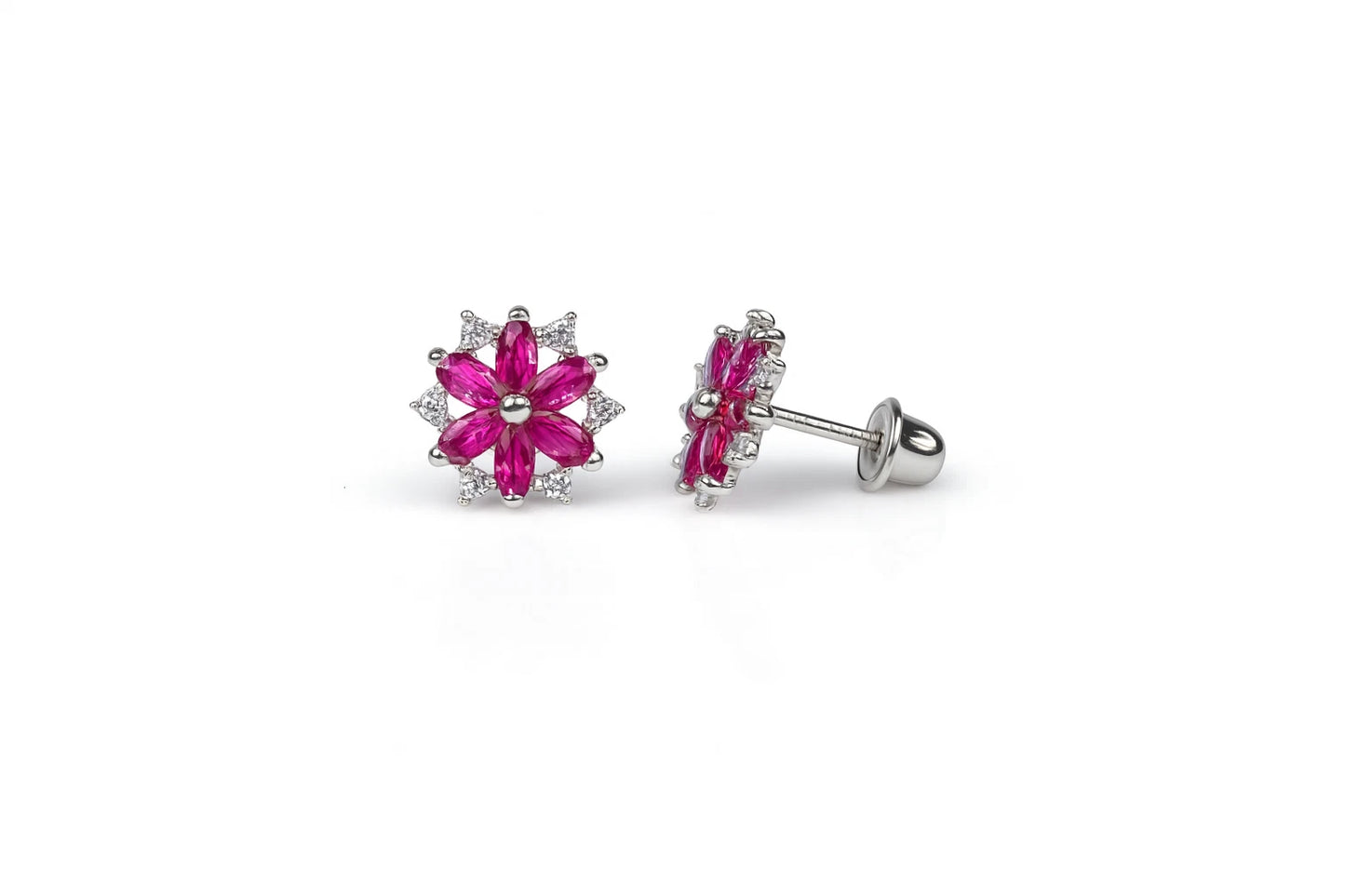 14K White Gold Beautiful CZ Flower Stud Earrings for Women