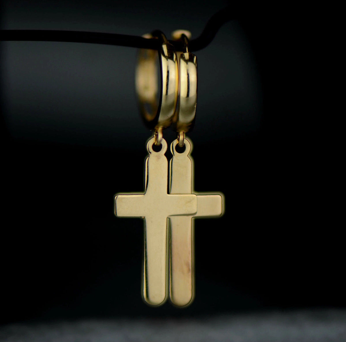 14k Yellow / White Gold Dangle Cross Hamsa Huggie Earrings