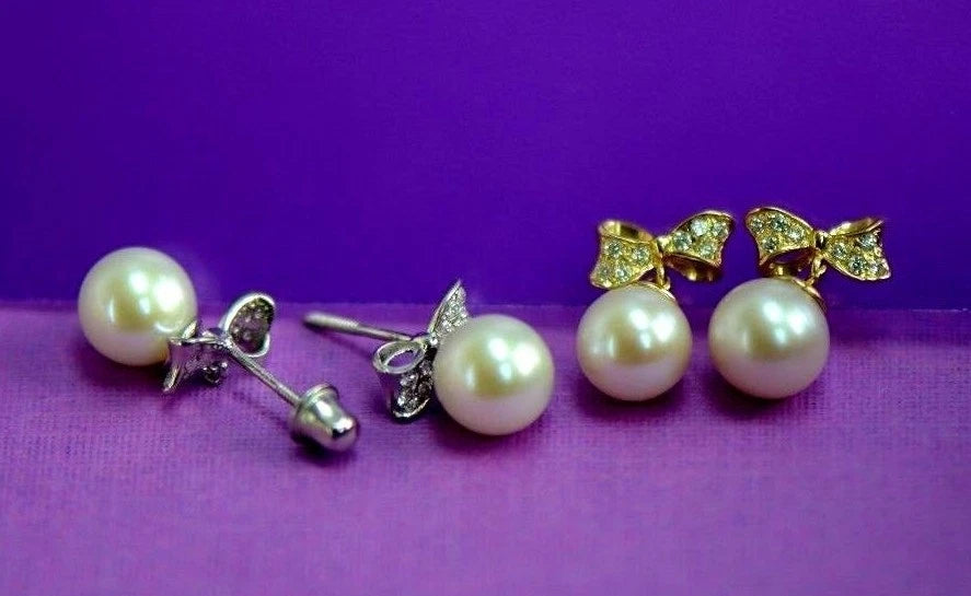 14k yellow white gold bow tie pearl cz stud earring freshwater