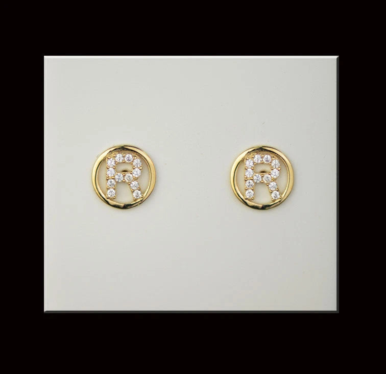 14k Yellow or White Gold Round Initial Letters CZ Stud Earrings