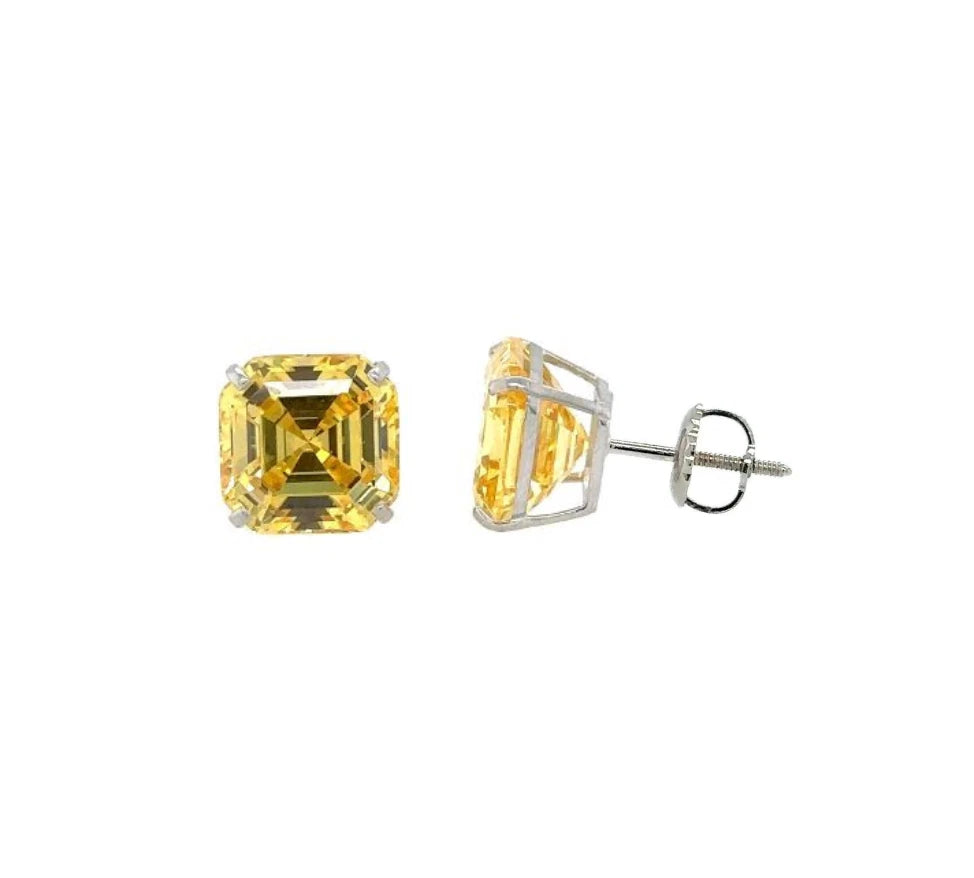 14K White Gold Asscher Cut Stud Earrings Screw Back