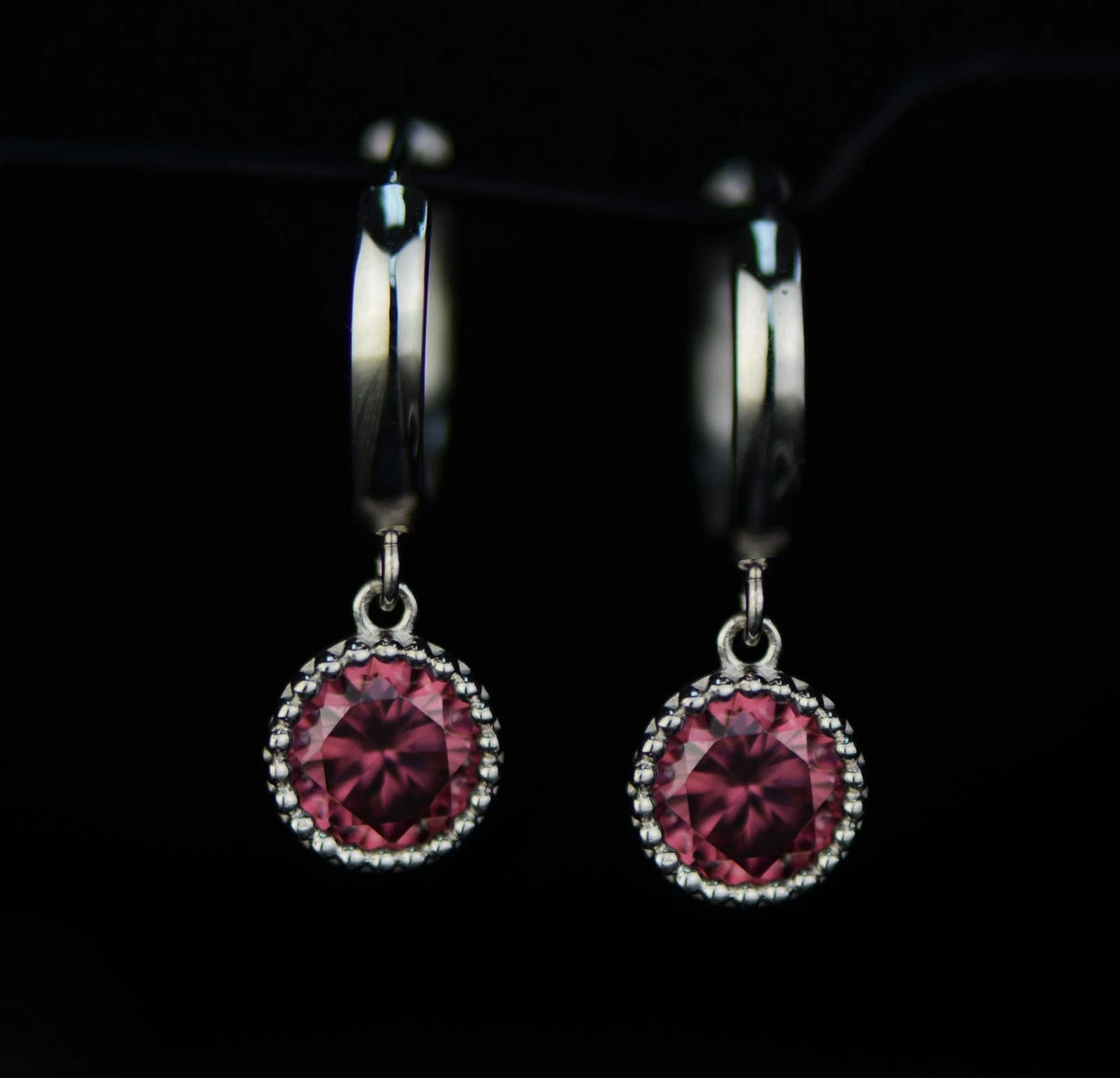 14k White Gold Dangle Round Birthstone Huggie Earrings