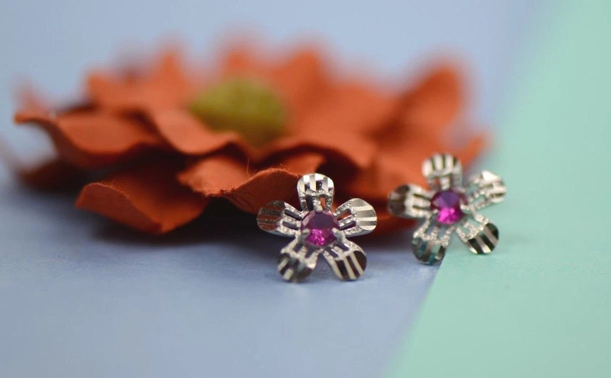 14k White Gold Flower Stud CZ Earrings