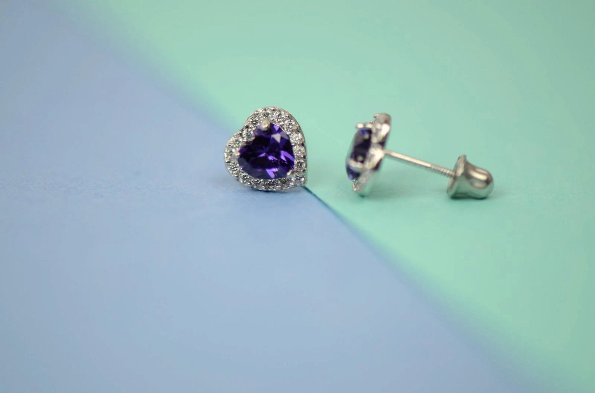14K White Gold Halo Heart CZ Stud Earrings Screw Back