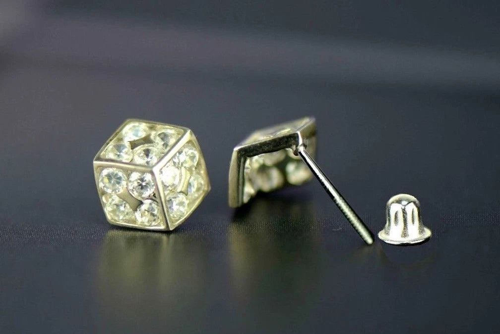 14K Yellow or White Gold Dice Stud Earrings Screw Back