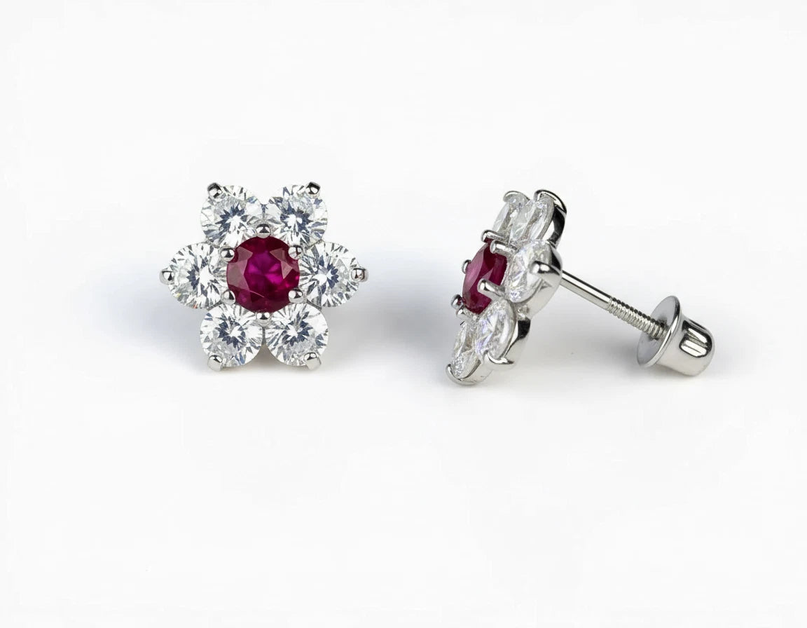14k White Gold Beautiful Flower Shaped Stud Screw Back Earrings for Women