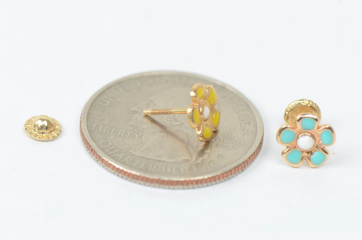 14k Yellow Gold Baby Enamel Flower Earrings, Screw Back