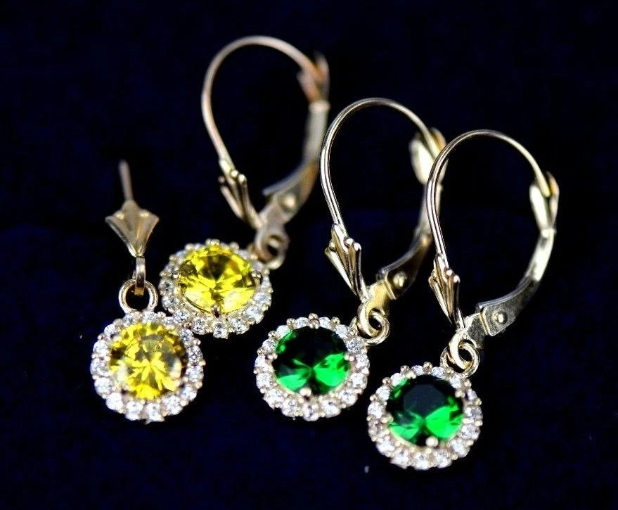 14k Yellow Gold Halo Dangle Round Leverback Pierced Earrings Birthstone