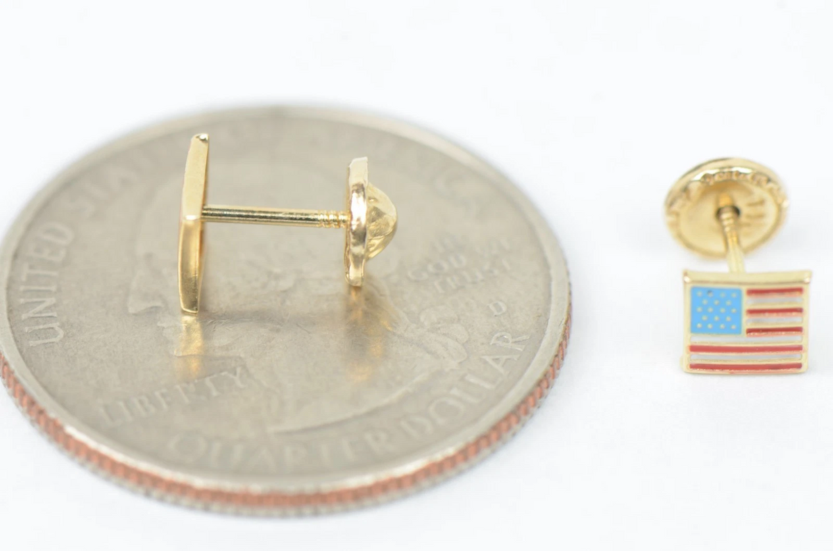 14K Yellow Gold American Flag Stud Earrings with Enamel