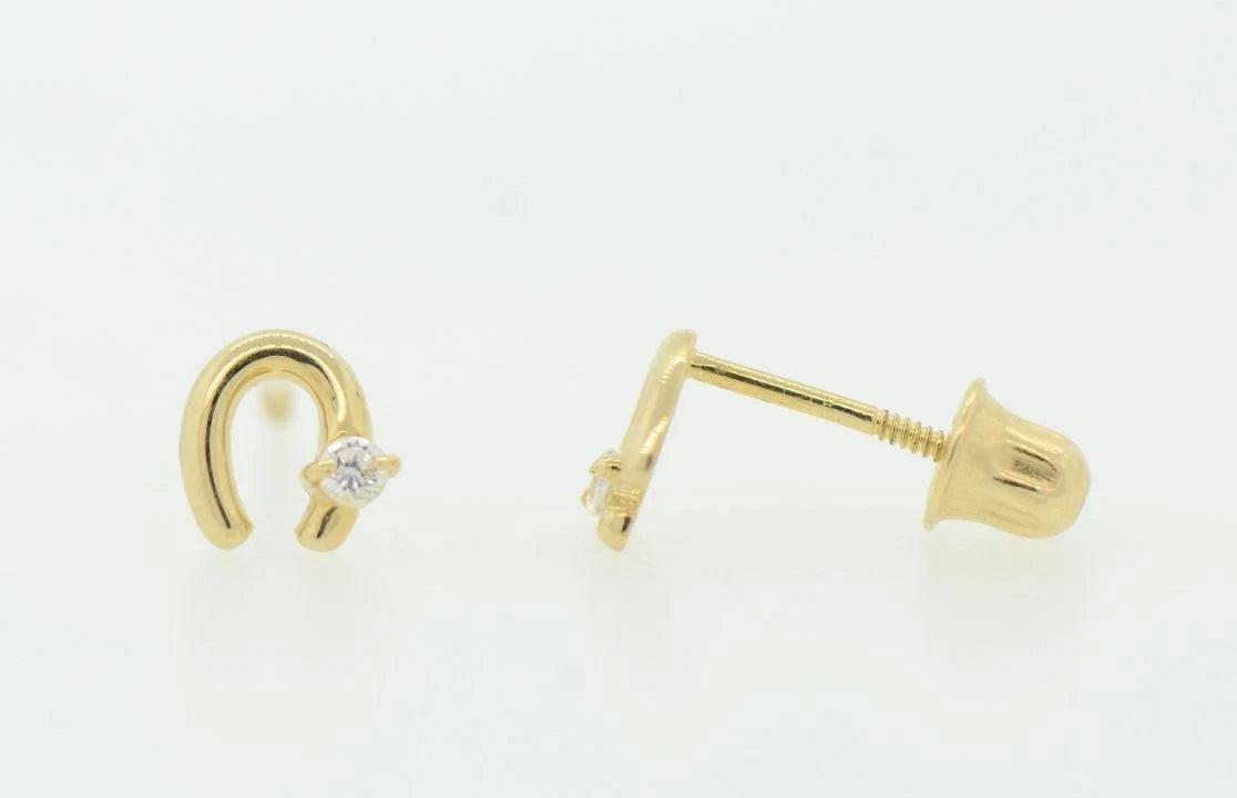 14k Solid Yellow or White Gold Horse Shoe Screw Back Stud Earrings with CZ