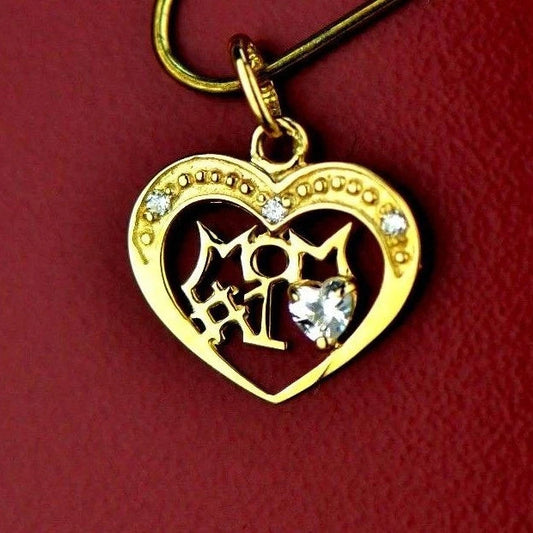 14k Yellow Gold Mom Heart CZ Pendant