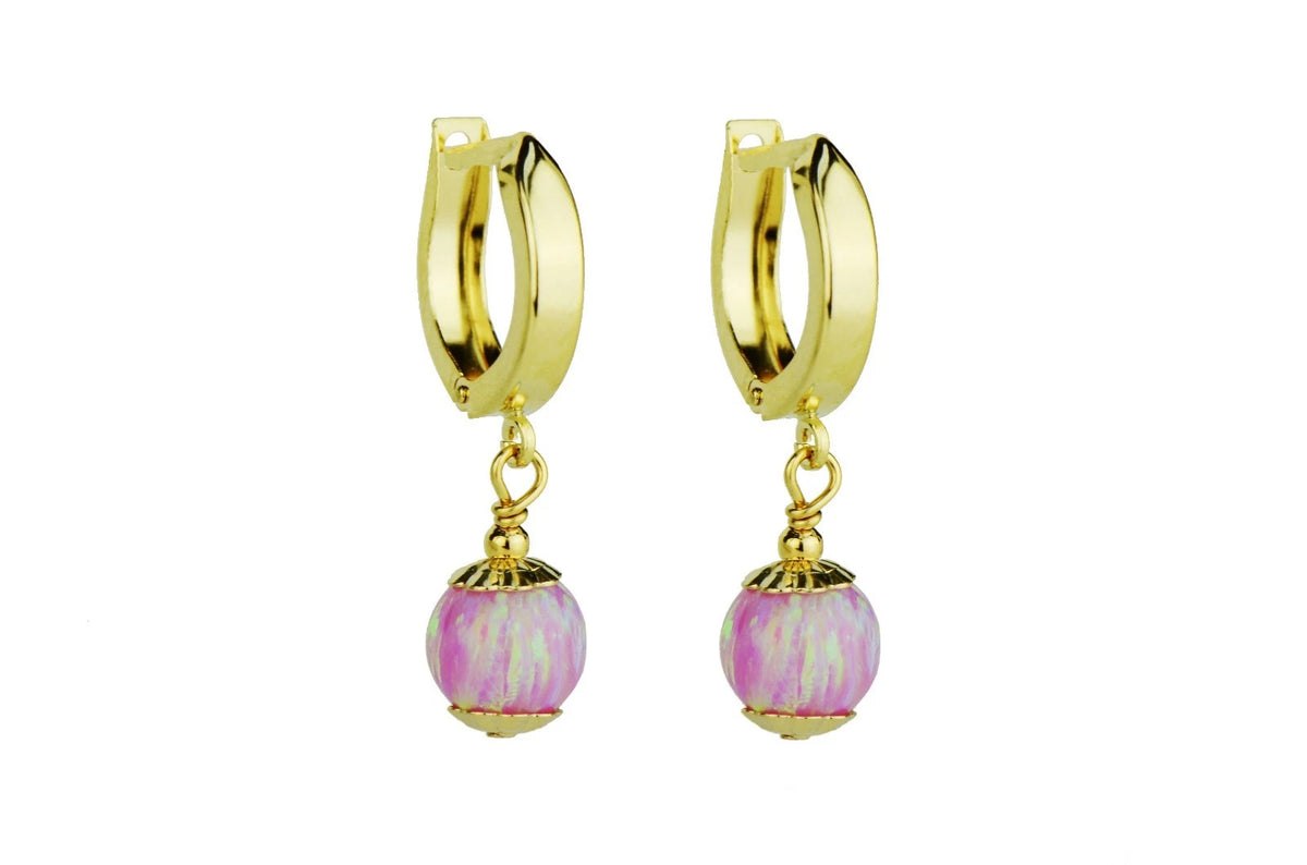 14k Yellow Gold Opal Huggie Snap Closure Dangle Earrings
