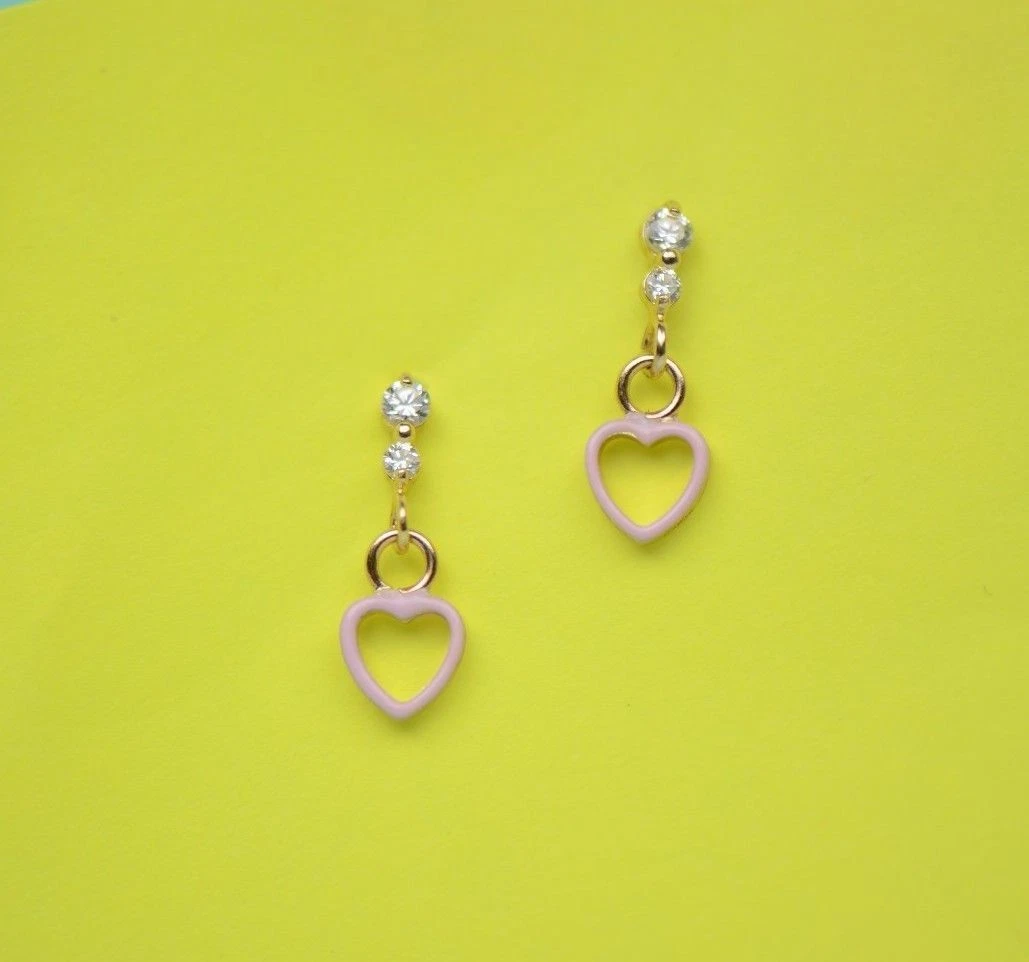 14K Solid Yellow Gold Heart Shape Dangle Earring with Enamel