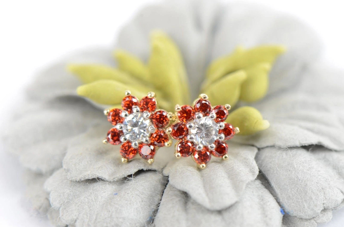 14k Yellow Gold Flower Stud Earrings with  Birthstone Screw Back