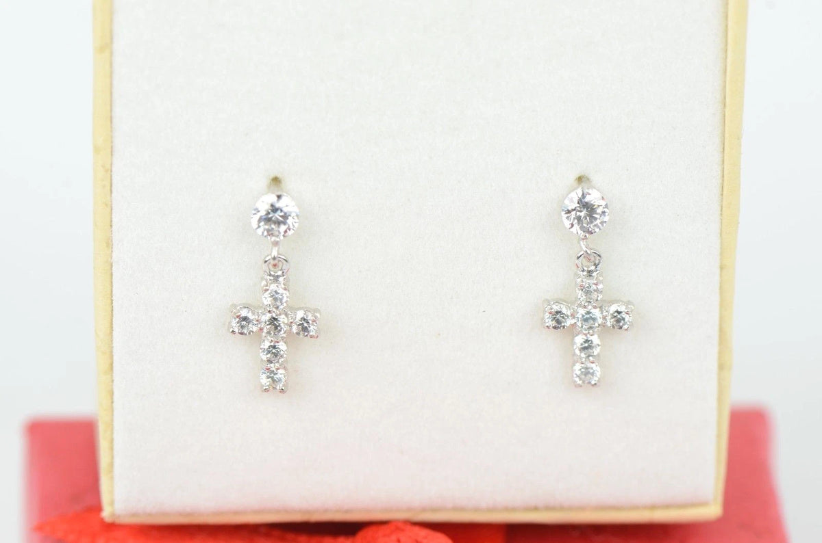 14K Cubic Zirconia CZ Cross Dangle Earrings