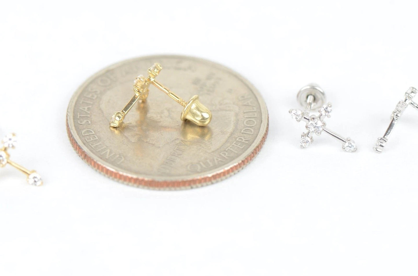 14K Yellow White Gold Cubic Zirconia CZ Cross Earrings