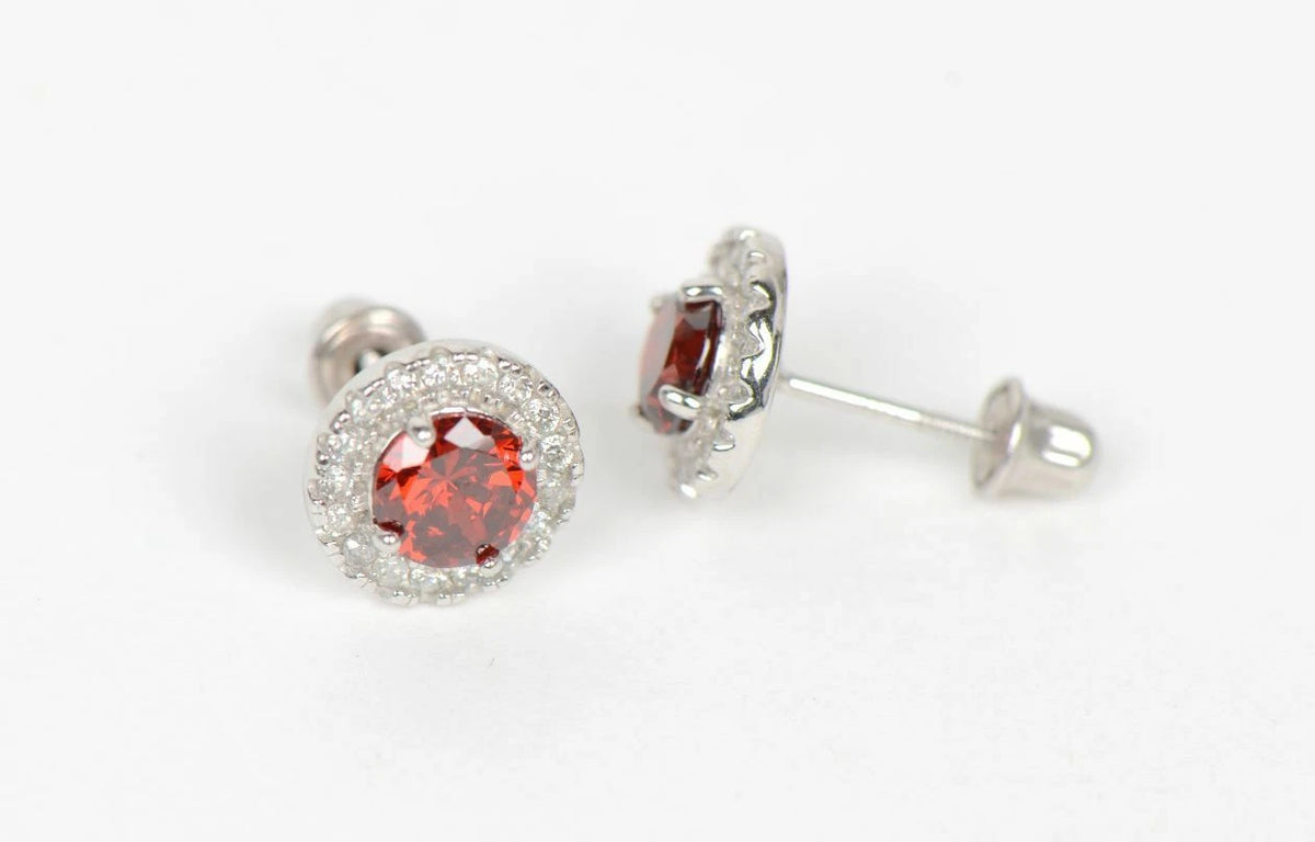 14K Solid White Gold Halo Stud CZ Screw Back Earrings