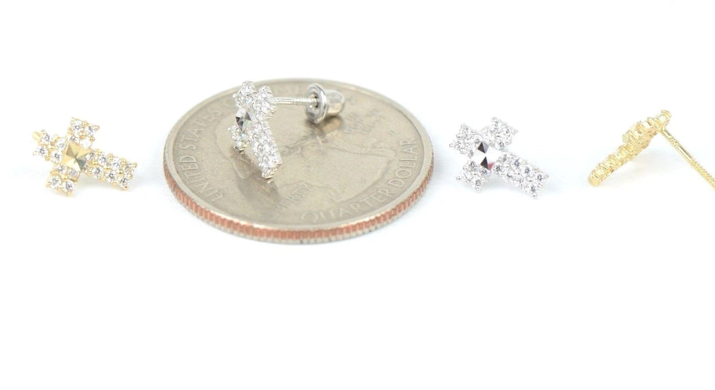 14K Yellow or White Gold CZ Cross Earring