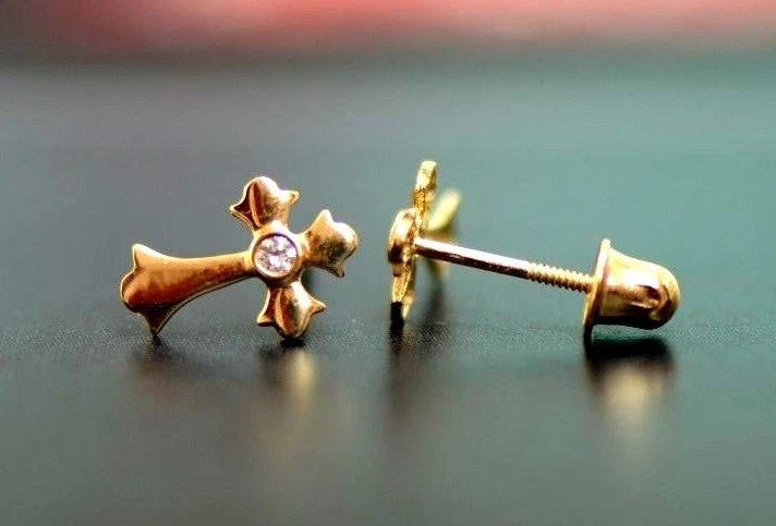 14K White Yellow Gold Cross CZ Earrings