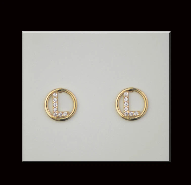 14k Yellow or White Gold Round Initial Letters CZ Stud Earrings
