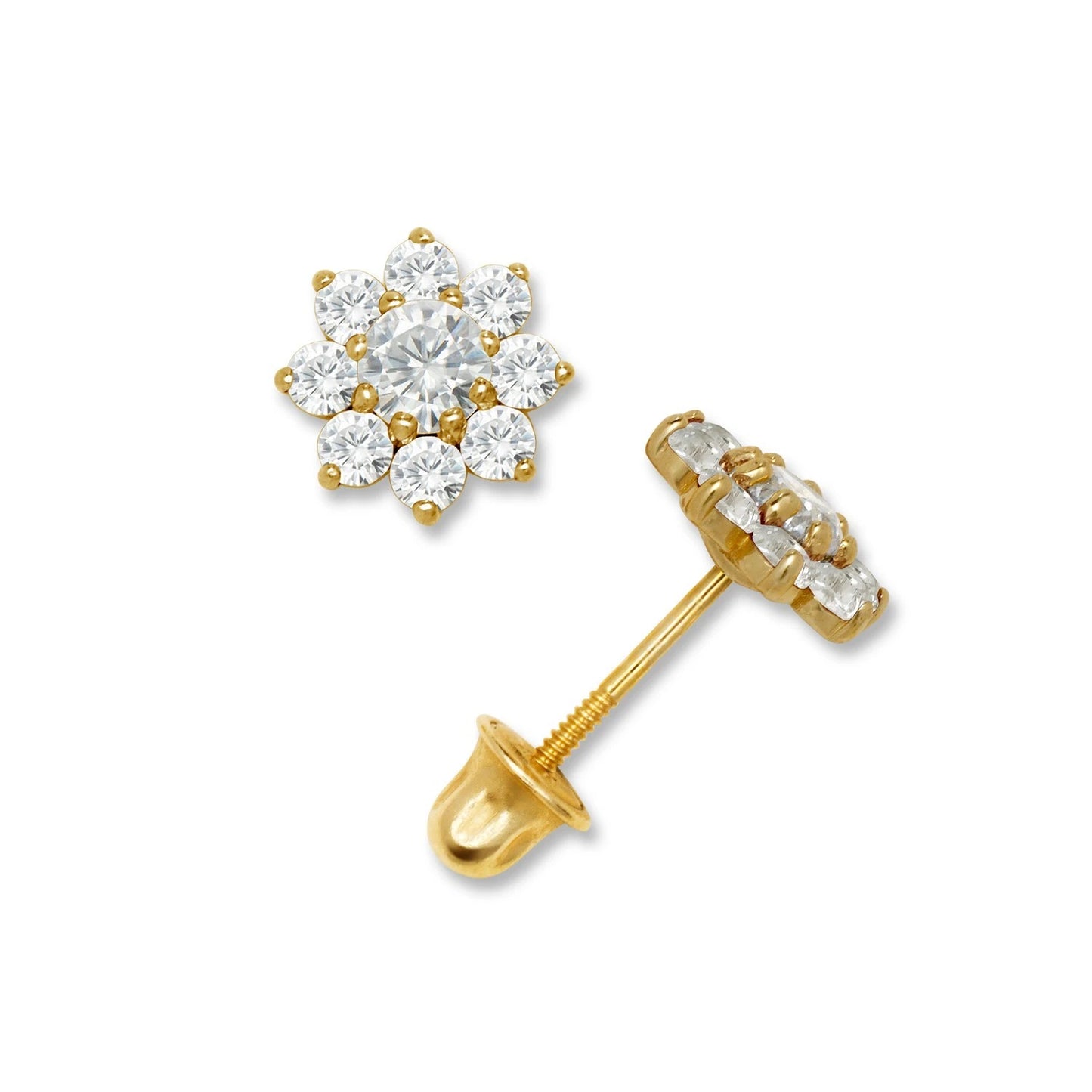 14K Yellow & White Gold Small Beautiful CZ Flower Stud Earrings for Girls