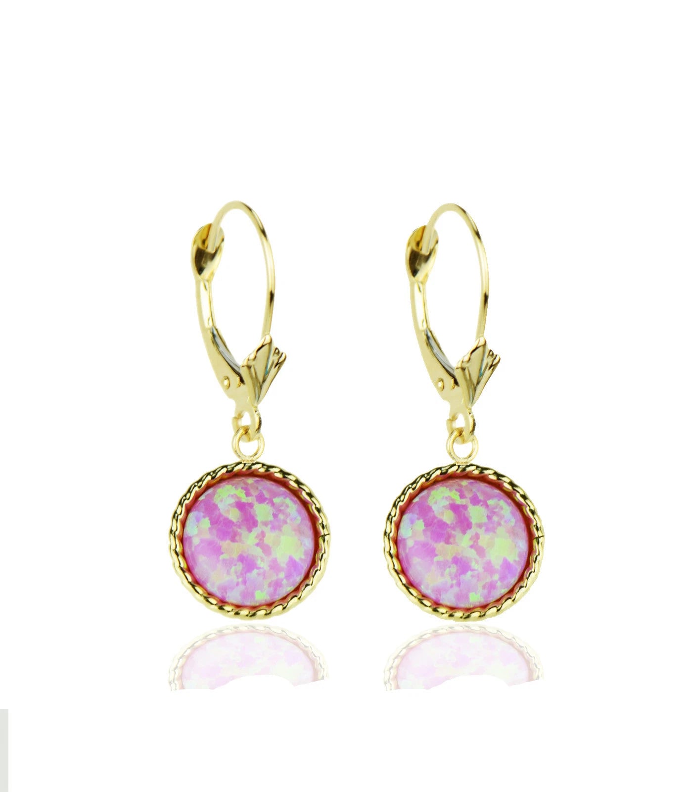 14k Yellow Gold Opal Round Flat Dangle Leverback Earrings