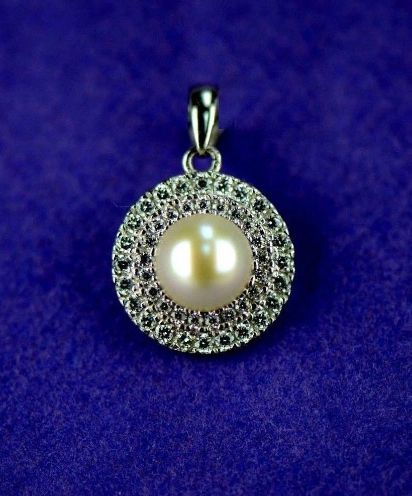 14K Yellow or White Gold Round Genuine Pearl CZ Pendant
