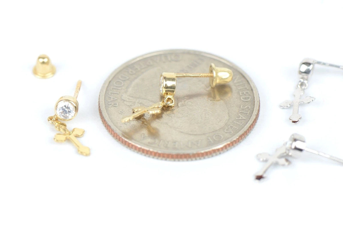 14K Yellow White Gold Cubic Zirconia CZ Cross Dangle Earrings