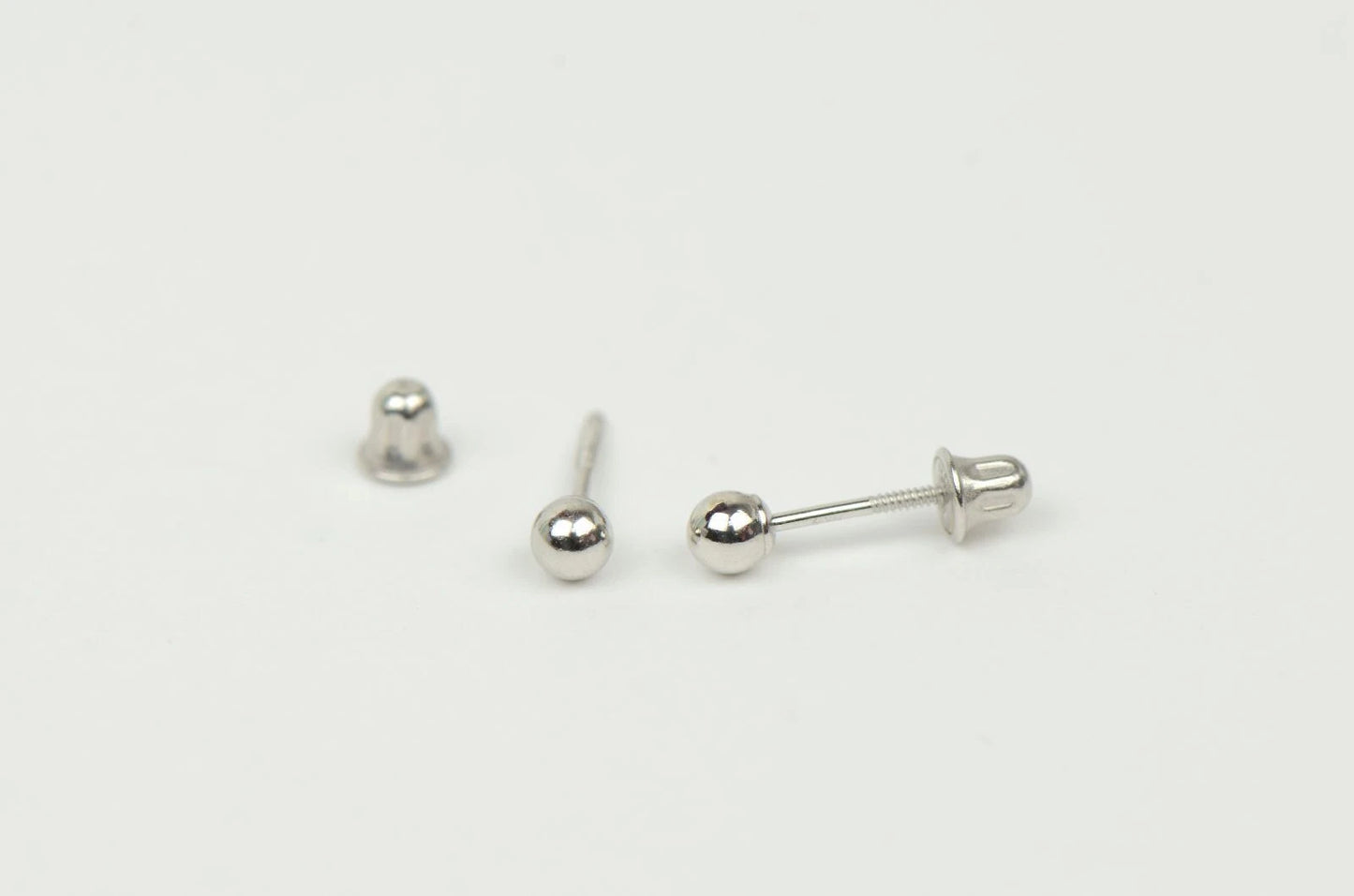 14k White Gold Ball stud earrings with screw back round High Polish
