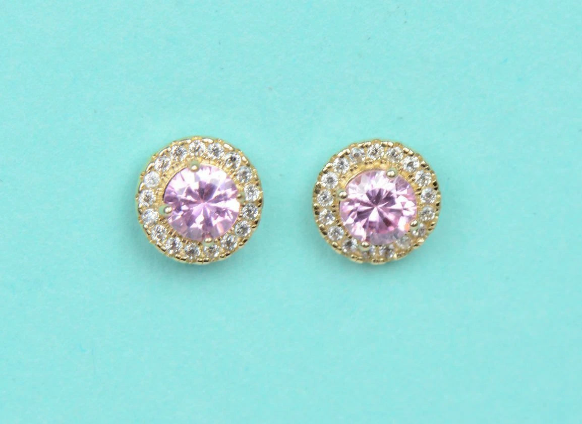 14K Yellow Gold Halo Stud Screw Back Earrings