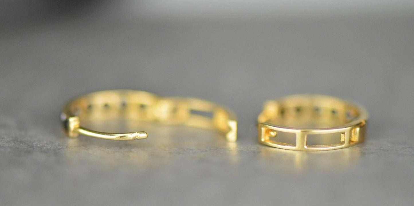 14k Yellow and White Gold Black Huggie Hoop Earrings