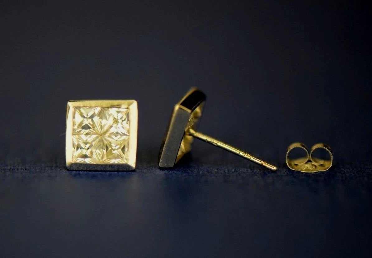 14K Yellow or White Gold Fancy Square CZ Stud Earring