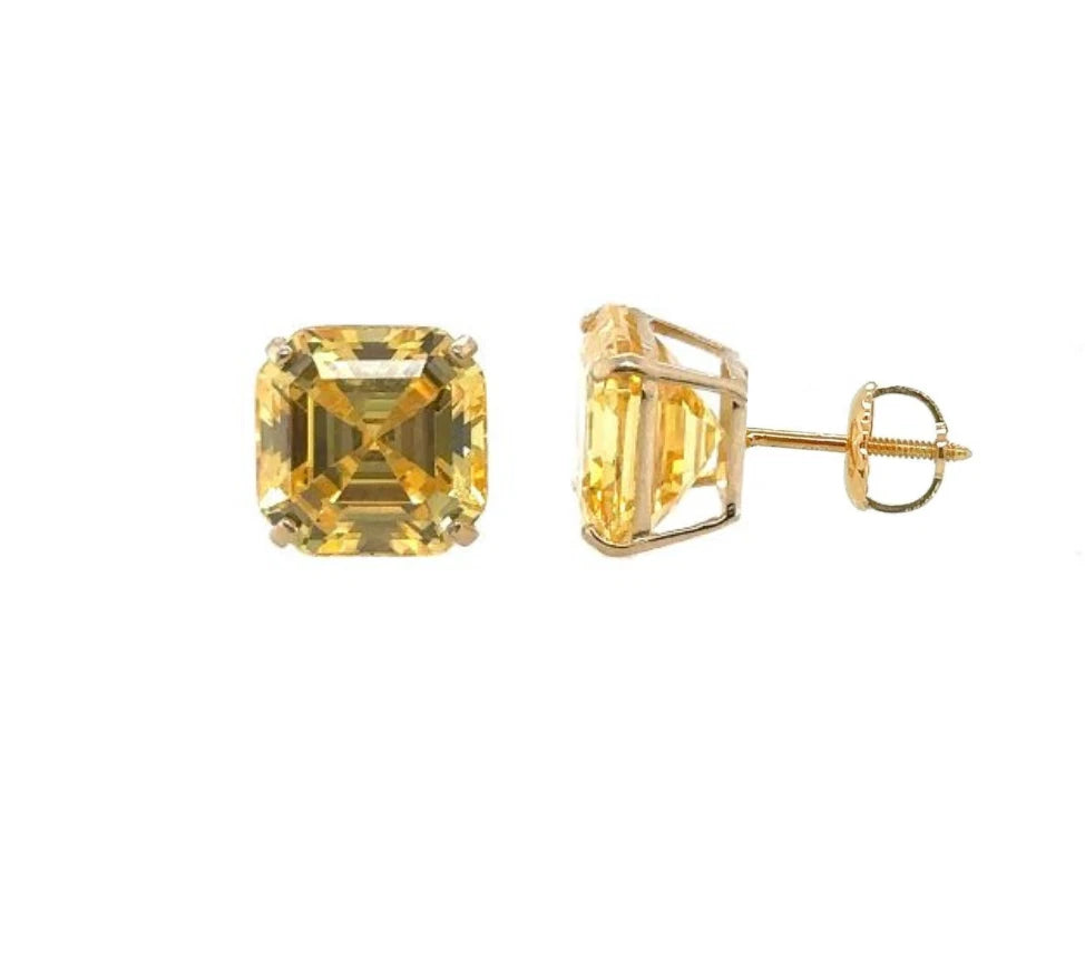 14K Yellow Gold Asscher Cut Stud Earrings Screw Back