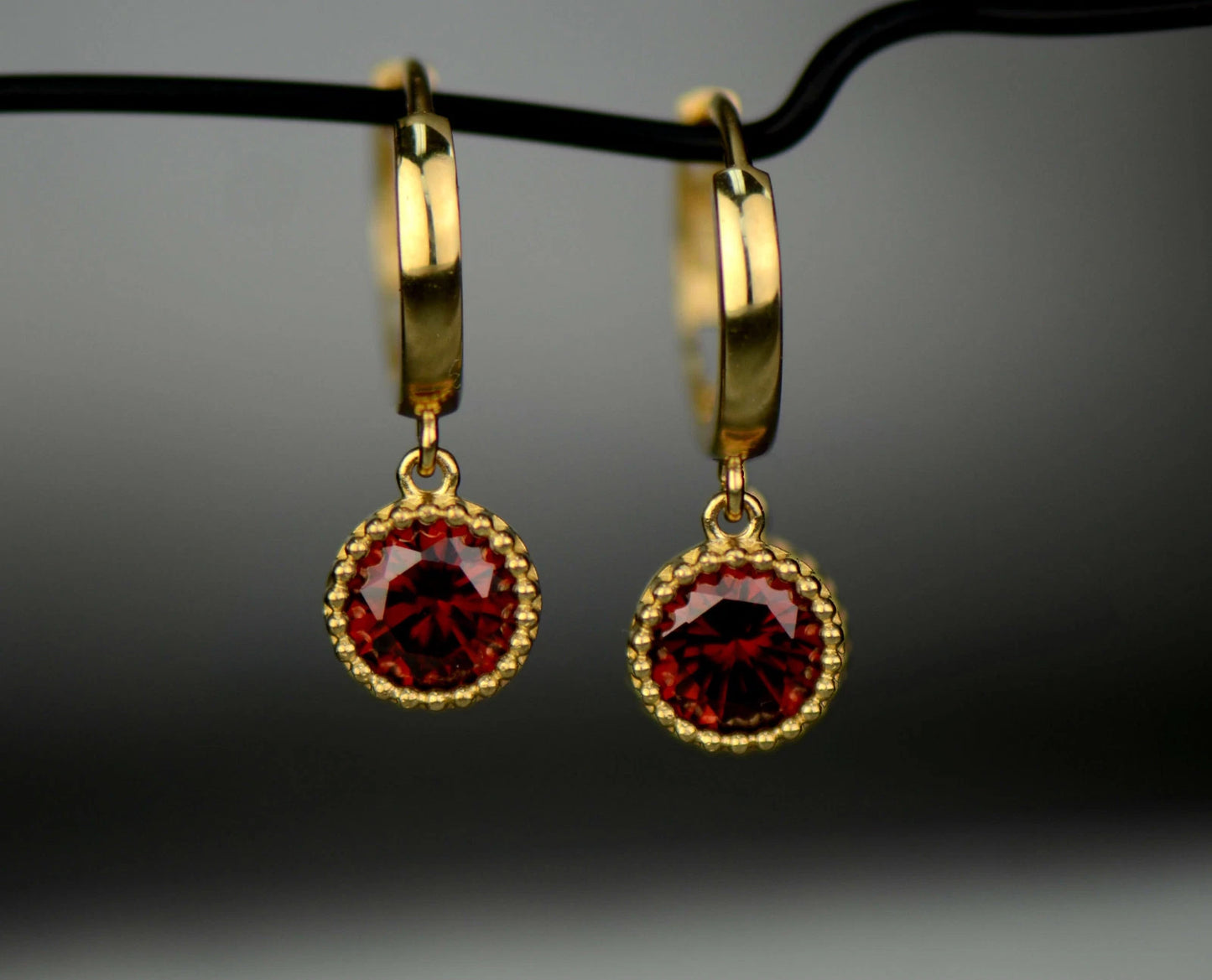 14k Yellow Gold Dangle Round Birthstone Huggie Earrings