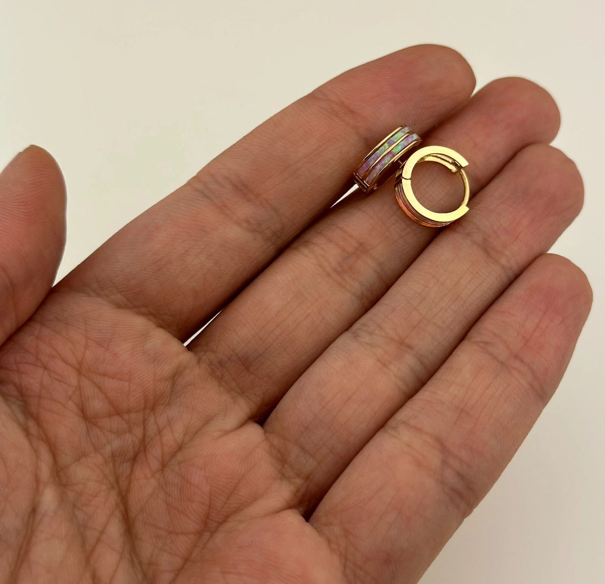 14k Yellow/White Gold Double Row Pink Opal Huggie Hoop Earrings