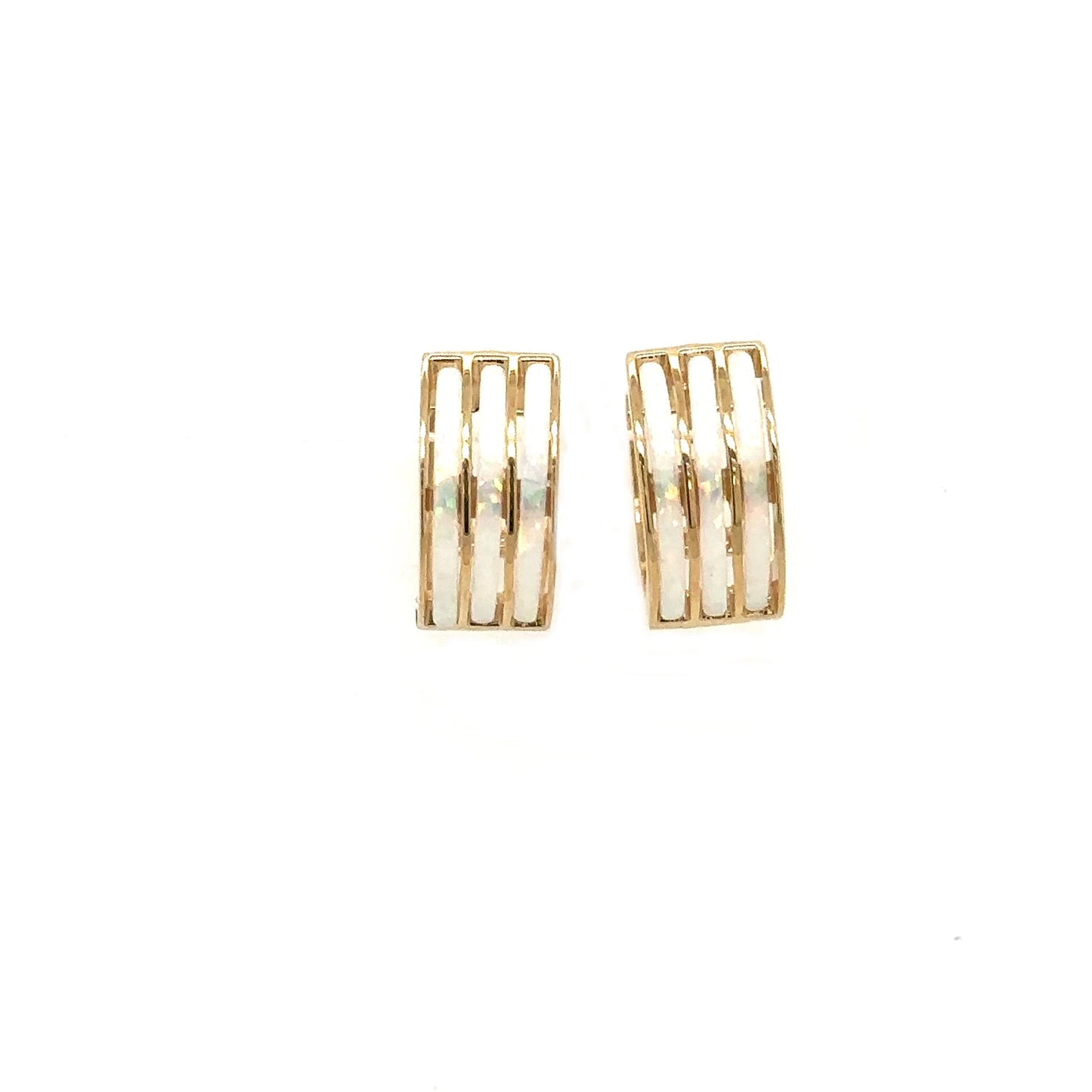 14k Yellow Gold Triple Row White Opal Huggie Hoop Earrings